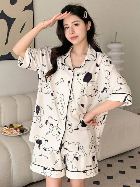 DAZY Women's Cute Dog Print Contrast Trim Button Front Short Sleeve Top And Shorts Pajama Set | SHEIN USA Short Night Dress, Casual Blouse Designs, Animal Pajamas, Cotton Pajamas Women, Cute Pajama Sets, Short Pj Set, Night Dress For Women, Korean Fashion Dress, Cute Pajamas