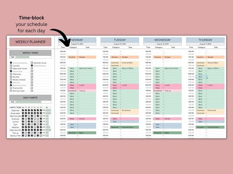 Weekly Planner | Google Sheets Template aestheticplanner #plannerdesign #weeklymealplanner #goodnotesplanner. Excel Schedule Time Management, Excel Daily Planner Template, Daily Planner Google Sheets, Excel Planner Templates, Google Sheets Planner, 2024 Planning, Weekly Planner Sheets, Student Weekly Planner, Office Organizing