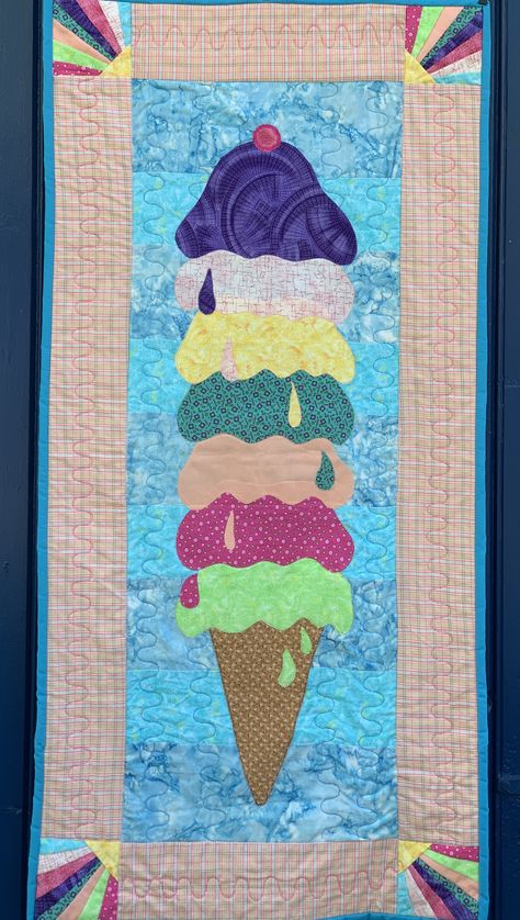 Inspired by a quilt store prokect and my love for ice cream .  2003.  I made an ice cream cone label for the back! Summer Quilted Wall Hangings Patterns Free, Ice Cream Quilt Pattern, Ice Cream Cone Quilt Block, Beach Hut Quilt Pattern, Ice Cream Soda Quilt, Porch Quilts, Ice Cream Quilt, Beach Hut Applique, Cream Quilt