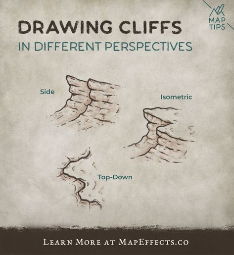 When you sit down to draw a fantasy map for your story, one of the first things to decide is the perspective you’ll use. The most common tend to be isometric and top down, but which should you use? Here we will look at some of the benefits of each using something like cliffs to show some of the differences. #mapeffects Fantasy Map Drawing, Map Drawing Ideas, Fantasy Map Drawing Ideas, Map Effects, Map Sketch, Map Drawing, Fantasy Map Making, Fantasy World Map, Map Maker