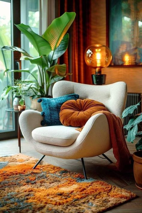 Boho Mid Century Modern Living Room Accent Chairs, Mid Century Accent Chairs Living Room, Mid Century Modern Living Room Accent Chairs, Orange Chair Living Room, Mid Century Sofa Living Room, Boho Mid Century Modern Living Room, Mid Century Chairs Living Room, Cozy Mid Century Modern, Small House Decor