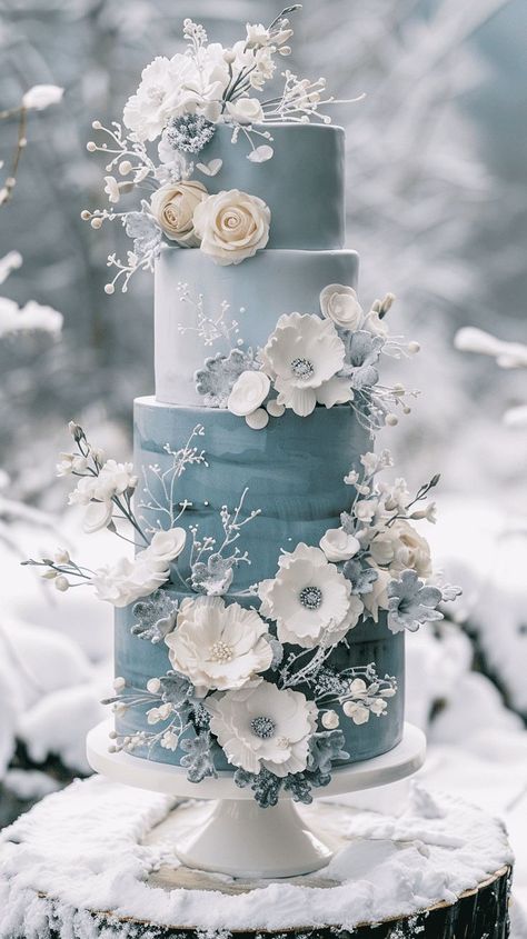 Winter Ice Wedding, Dusty Blue Theme Wedding Cake, Dust Blue Wedding Cake, Blue Christmas Wedding Theme, Christmas Wedding Blue, Periwinkle Wedding Cake, French Blue Wedding Cake, Dusty Blue Wedding Cake Ideas, Blue Winter Wedding Theme