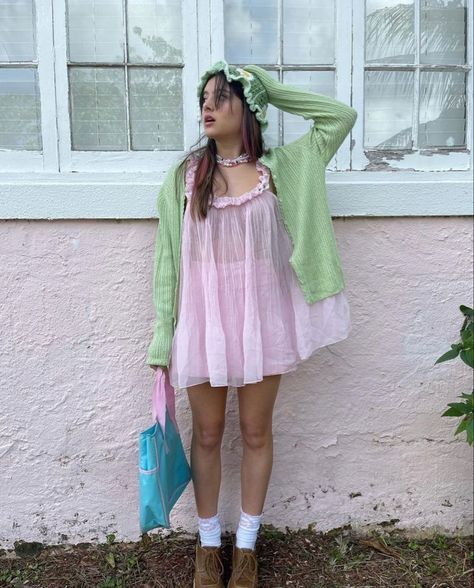 aesthetic outfit pink and green y2k cottagecore | comment 4 cred | #aesthetic #ootd #outfits Green Y2k Outfit, Cottagecore Outfits, Floral Outfit, Green Outfit, Kawaii Clothes, Colourful Outfits, Outfits Aesthetic, Couture Fashion, Aesthetic Clothes