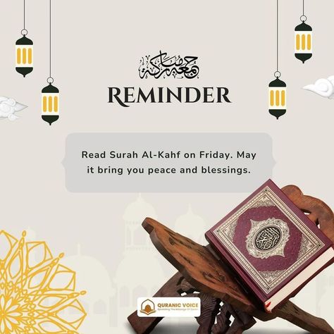 Importance of Reading Surah Al-Kahf on Friday "Reading Surah Al-Kahf on Fridays holds great significance in Islam. It's a blessed practice that brings numerous rewards and blessings. The Prophet Muhammad (peace be upon him) emphasized its benefits, as it offers protection from fitnah (trials) and brings light to the heart. Make it a habit to recite this powerful Surah on Fridays to invite Allah's mercy and guidance into your life. #SurahAlKahf #FridayBlessings #Islamic Practice #QuranicWisd... Jumuah Mubarak, Surah Kahf, Surah Al Kahf, Al Kahf, Importance Of Reading, Peace Be Upon Him, Jumma Mubarak, The Prophet, Islamic Images