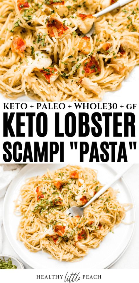 This Lobster Scampi Pasta is a keto lovers dream. Hearts of Palm veggie noodles with ghee, garlic, shallots, lemon juice and lobster. Garnished with fresh parsley and salt/pepper. Keto, Whole30, Paleo and Dairy Free. 5 Net Carbs per serving! Keto Lobster, Lobster Scampi, Lobster Pasta Recipe, Lobster Pasta, Scampi Pasta, Lobster Dishes, Lobster Dinner, Hearts Of Palm, Seafood Pasta Recipes