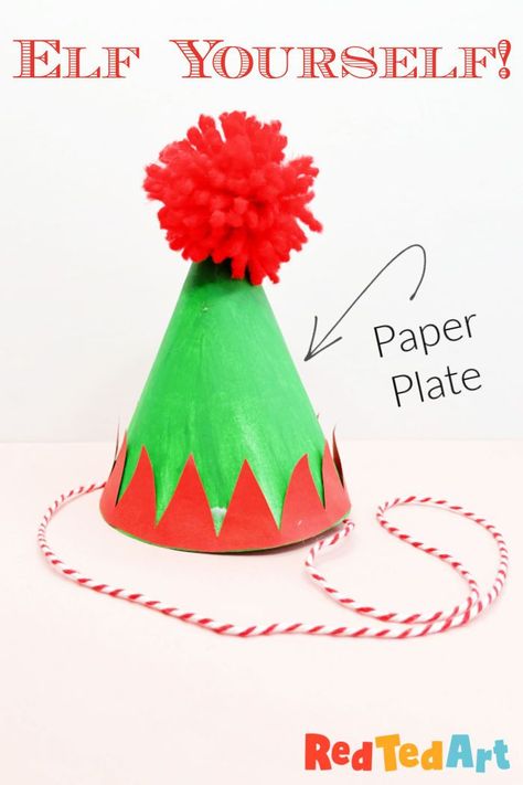 Christmas Hat Crafts For Toddlers, Elf Hat Diy, Paper Plate Elf, Paper Crown Origami, Elf Hat Template, Elf Craft For Kids, Elf Hat Craft, Paper Plate Christmas Tree, Diy Christmas Hats