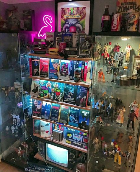 Action Figure Aesthetic, Action Figures Aesthetic, Can Pepsi, Vhs Tv, Vhs Display, Geek Cave, Toy Collection Display, Comic Room, Horror Room