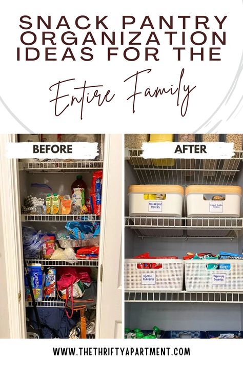 Organize your snack pantry with these simple, family-friendly ideas! Keep everything neat and accessible for healthier snacks and easy meal prep. #PantryOrganization #DIYStorage #HomeOrganization #SnackStorage #FamilyLiving Organize Chips In Pantry, Pantry Snack Organization, Snack Pantry Organization, Snack Organization Ideas, Pantry Makeover Ideas, Food Pantry Organization, Organization For Pantry, Snack Pantry, Snack Organization