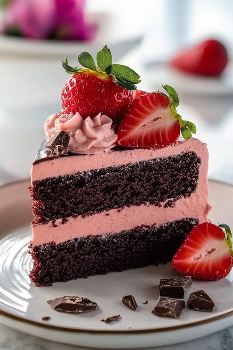 Chocolate Strawberry Cake Chocolate Strawberry Cake Recipe, Pink Chocolate Cake, Chocolate Cake With Strawberry Filling, Strawberry And Chocolate Cake, Chocolate And Strawberry Cake, Chocolate Cake With Strawberries, Strawberry Ganache, Nutella Recipes Cake, Strawberry Chocolate Cake