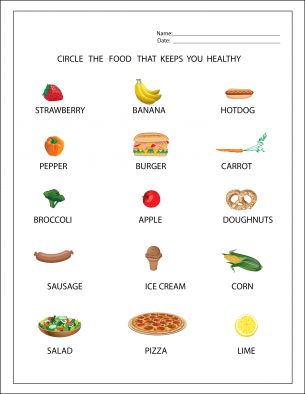 Circle the Healthy Food - Printable Worksheets Polite Expressions, Healthy Food Activities, Preschool Food, Kids Worksheet, Healthy And Unhealthy Food, Food Activities, Healthy Strawberry, Food Pyramid, Healthy Eating For Kids