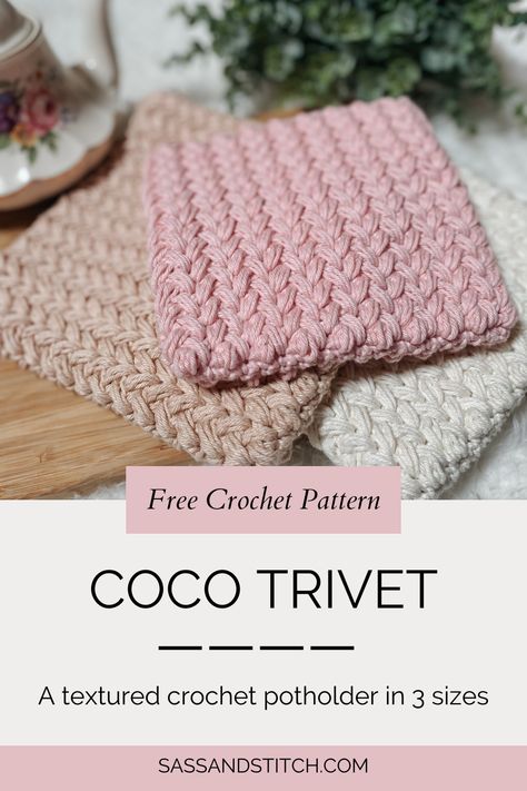 The Coco Trivet is a thick and durable potholder that will keep you safe in the kitchen while also providing a luxury look and texture. How To Crochet Hot Pads Free Pattern, Diy Pot Holders Sewing Hot Pads, Granny Square Trivet, Chunky Crochet Pot Holder Pattern, Thick Knitted Pot Holders Free Pattern, Macrame Trivet Hot Pads Diy, Thermal Stitch Crochet Potholder, Double Thick Trivet Crochet Pattern, Diy Crochet Pot Holders