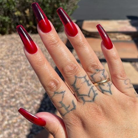 Long Red Jelly Nails, Nails Acrylic Transparent, Jelly Red Nails Acrylic, Clear Dark Red Nails, Cherry Jelly Nails, Clear Red Acrylic Nails, Translucent Red Nails, Transparent Red Nails, Red Jelly Stiletto Nails