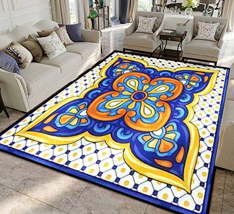 Mexican Living Room Decor Hacienda Style, Mexican Living Room, Indoor Outdoor Living Room, Mexican Talavera, Outdoor Living Room, Bedroom Kids, Carpet Mat, Tile Pattern, Soft Carpet