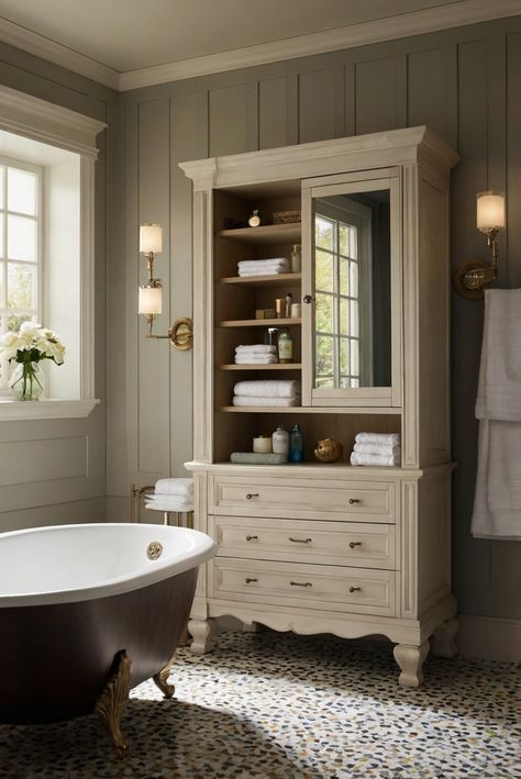 Incorporate functionality and elegance in your bathroom with the perfect vanity cabinet. Learn how to enhance storage and style for a chic and organized space.
#ad  


#home
#wallpaint2024
 #color2024
 #DIYpainting
 ##DIYhomedecor
 #Fixhome Bathroom Hutch Ideas, Dressers As Bathroom Vanities, Dresser In Bathroom For Storage, Antique Cabinet In Bathroom, Antique Linen Cabinet, Armoire In Bathroom, Dresser In Bathroom, Bathroom Hutch, Bathroom Armoire