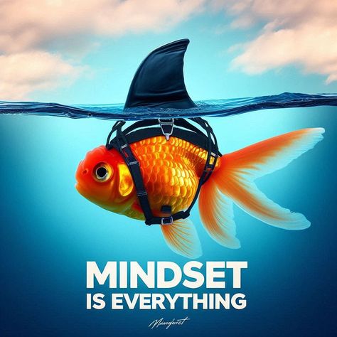 An inspirational photo featuring an orange goldfish swimming in clear blue water, wearing a shark fin harness strapped to its back. balanced contrast between the small goldfish and the large, intimidating shark fin symbolizes confidence and ambition. Below the fish, the bold text ‘MINDSET IS EVERYTHING’ is displayed, reinforcing the idea that attitude and perception can influence success. The overall mood is motivational, encouraging viewers to embrace a confident mindset. Confident Mindset, Goldfish Swimming, Mindset Is Everything, Clear Blue Water, Shark Fin, Bold Text, The Fish, Goldfish, Blue Water