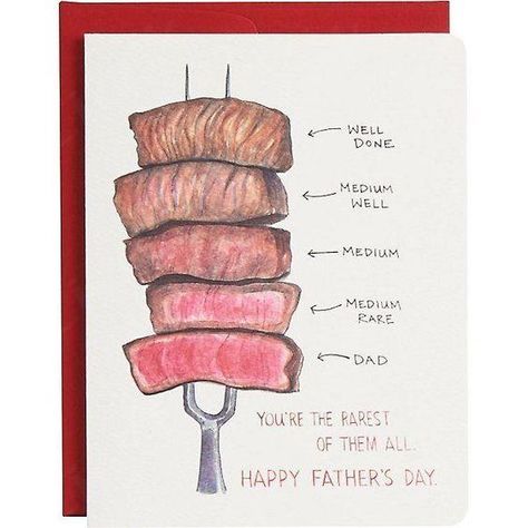 Cook up a chuckle with this funny Father's Day card. Whether or not he's a grill master or a meat lover, he's sure to get the message. Blank inside. Offset printed in Toronto on natural-white, heavyweight, textured paper. Accompanied by red envelope … daha fazlası Globe Gift, Medium Rare, Holiday Break, Mom Day, Paper Source, Fathers Day Cards, Happy Father, Happy Fathers Day, Xmas Gifts