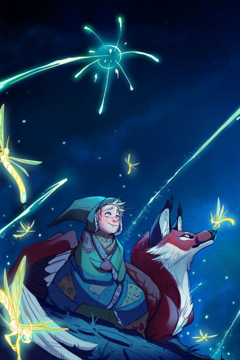 A young child and fox creature look up at fireworks in the sky while fairies fly around them Dina Norlund, Sky Artwork, Fine Art Painting Oil, Alien Planet, Modern Fantasy, Mystical Art, Whimsical Illustration, Cute Anime Wallpaper, Whimsical Art