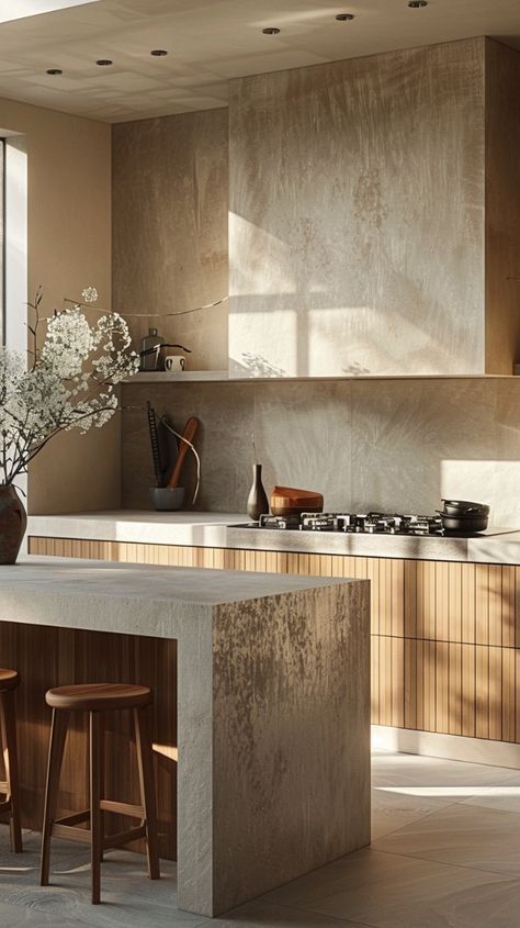 Concrete Wood Interior Design, Concrete Kitchen Ideas Modern, Natural Material Kitchen, Limewash Kitchen, Concrete And Wood Kitchen, Concrete Wood Interior, Concrete Kitchen Cabinets, Polished Concrete Kitchen, Kitchen Japandi