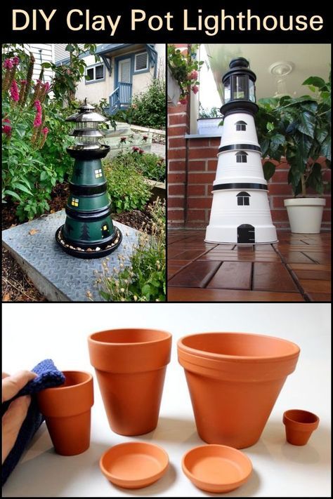 Garden Diy Decoration Ideas, Diy Lighthouse, Clay Pot Lighthouse, Diy Terra Cotta Pots, Lighthouse Crafts, Lighthouse Decor, Clay Pot Projects, Flower Pot Art, Terra Cotta Pot Crafts