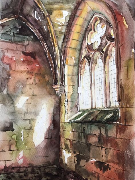 Watercolour Painting Architecture, Classical Art Watercolor, Gothic Architecture Watercolor, Complex Watercolor Paintings, Watercolour Interior Drawing, Stained Glass Sketch, Watercolor Stained Glass Painting, Watercolor Cathedral, Architecture Painting Acrylic