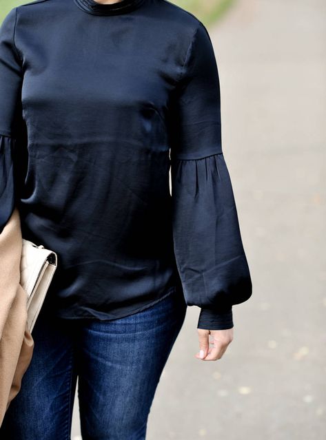 Styling a Classic Look With the Perfect Navy Blouse | Fashionably Lo Navy Blouse And Jeans, Blue Satin Blouse Outfit, Dark Blue Blouse Outfit, Navy Blouse Outfit, Navy Blue Blouse Outfit, Navy Top Outfit, Blue Blouse Outfit, Blue Satin Blouse, Satin Blouse Outfit