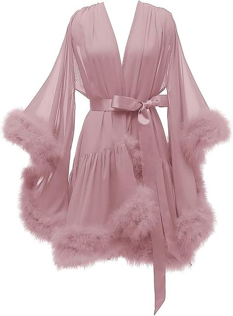 Changuan Feather Bridal Robe Fur Old Hollywood Robe Sexy Illusion Lingerie Nightgown Bathrobe Sleepwear Dressing GownDusty Rose XXL at Amazon Women’s Clothing store Feather Bridal Robe, Nighty Night Dress, Fancy Robes, Short Gown Dress, Night Wear Dress, Wedding Scarf, Sheer Robe, Sheer Gown, Lingerie Party