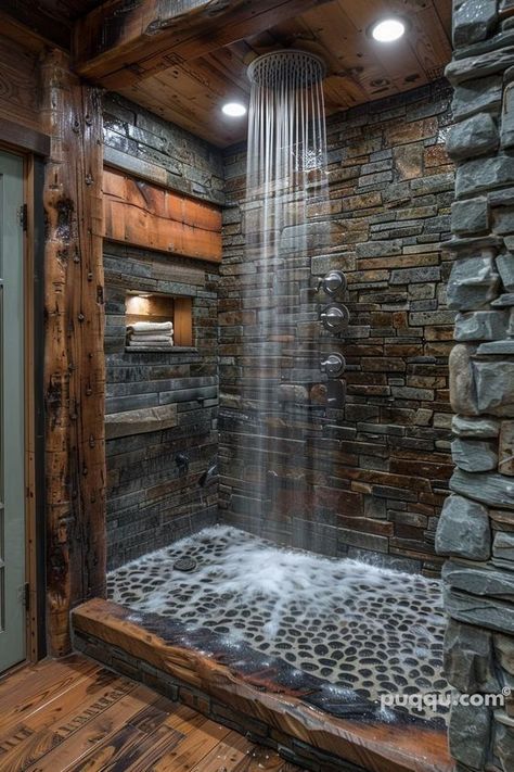 ✸This Old Stomping Ground✸ Modern But Rustic Homes, Rustic Bathroom Tile Ideas River Rocks, Stone Wet Room, Unique Home Builds, Old Wood House Interior, Bathroom With Stone Floor, Walk In Shower Rustic, Rustic House Interior Decor, Rock Shower Ideas