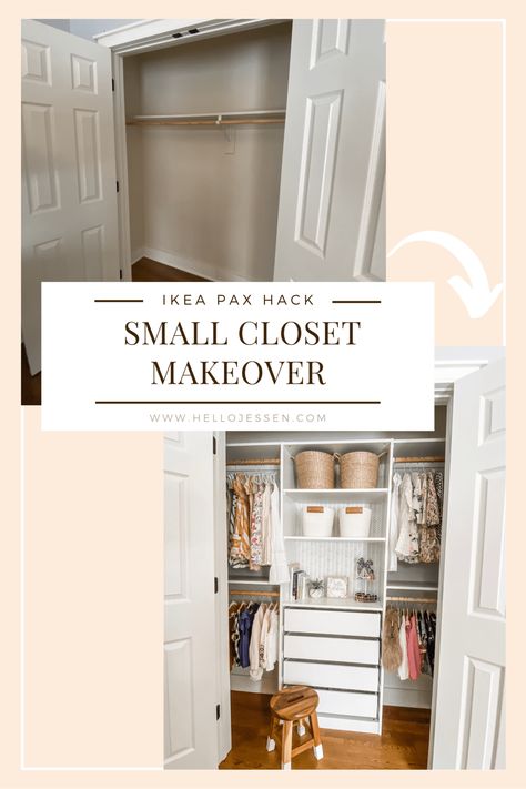 Closet Ikea Ideas Small Spaces, Small Space Den Ideas, Ikea Dresser Inside Closet, Small Mobile Home Closet Ideas, Baby Closet With Sliding Doors, Built In Closet With Ikea Dresser, Simple Closet Makeover, Small Bifold Closet Organization, Functional Small Closet Ideas