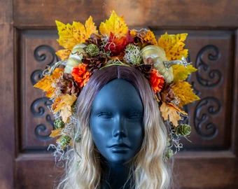 Autumn Festival Outfit, Pumpkin Crown, Hand Fasting Ceremony, Mabon Celebration, Fairy Headdress, Autumn Costume, Fall Fairy, Hand Fasting, Leaf Headpiece