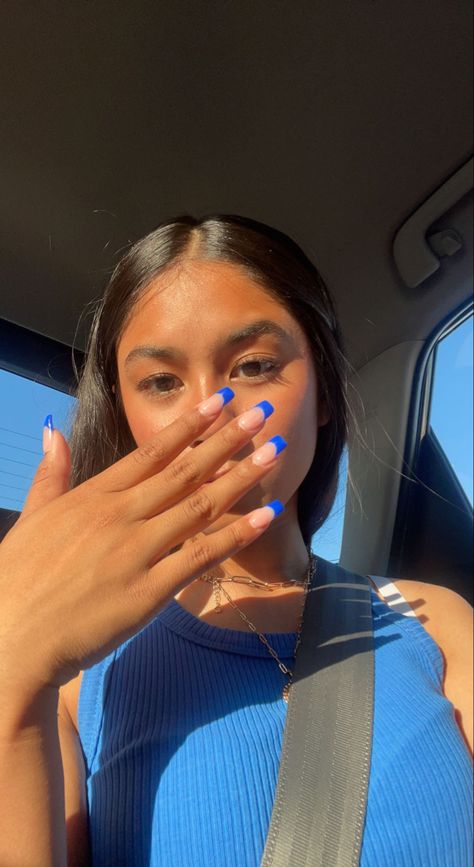 Royal Blue Nails French Tips Coffin, Royal Blue French Tips Square, Royal Blue French Tip Nails Square, Long Blue French Tip Nails, Square Royal Blue Nails, Summer Nails Square Blue, Dark Blue Tips Nails, Blue Nails Hoco, White And Blue Nails Short