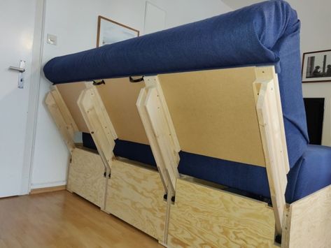 DIY Convertible Sofa Bed with Storage Diy Corner Sofa, Diy Hidden Storage Ideas, Camper Furniture, Diy Mattress, Fold Out Couch, Diy Sofa Bed, Small Sofa Bed, Wood Furniture Plans, Transforming Furniture