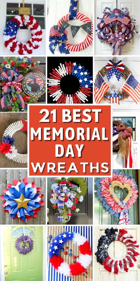 Decorate your front door with beautiful Memorial Day wreaths! Show your patriotic spirit with these DIY patriotic wreath ideas. From simple to elaborate, these Memorial Day wreath ideas are sure to make a statement. Discover unique ways to create a wreath with materials like burlap, flowers, ribbons, and more. Perfect for honoring the brave men and women who have made the ultimate sacrifice for our country. Explore for more Memorial Day decorations and get started on your own masterpiece today! Patriotic Wreaths For Front Door Diy, Patriotic Wreath Ideas, Dollar Tree Patriotic Wreath, Memorial Day Images, Patriotic Wreath Diy, Diy Patriotic Wreath, Patriotic Mesh Wreath, Patriotic Door Wreath, Patriotic Diy