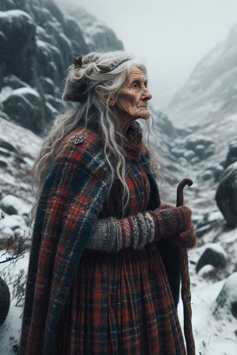 Old crone goddess dressed in scottish tartan.  Goddess of the mountains, the cailleach.  Dark Wintery goddess archetype. The Cailleach, Crone Aesthetic, Domestic Goddess Aesthetic, Cailleach Goddesses, Goddess Of Chaos Aesthetic, Goddess Of Winter, Snow Goddess, Winter Goddess, The Winds Of Winter