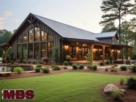 Hunting Lodge Plans Metal Buildings, Modern Ranch Barndominium, Metal Framed Houses, Modern Steel Building, Steel House Metal Buildings, Metal And Stone House Exterior, Barndominium Ideas Outside, Barndominium Design Ideas, Barndominium Ideas Floor Plans 5 Bedroom