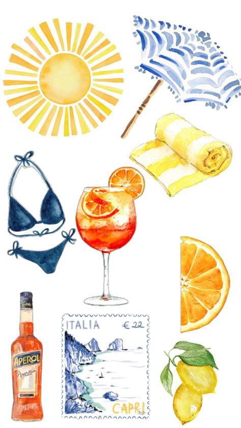 Italy Doodles, Italy Watercolor Paintings, Italian Food Illustration, Italian Watercolor, Dress Mood Board, Italy Illustration, Italy Watercolor, Food Watercolor, Italy Beaches