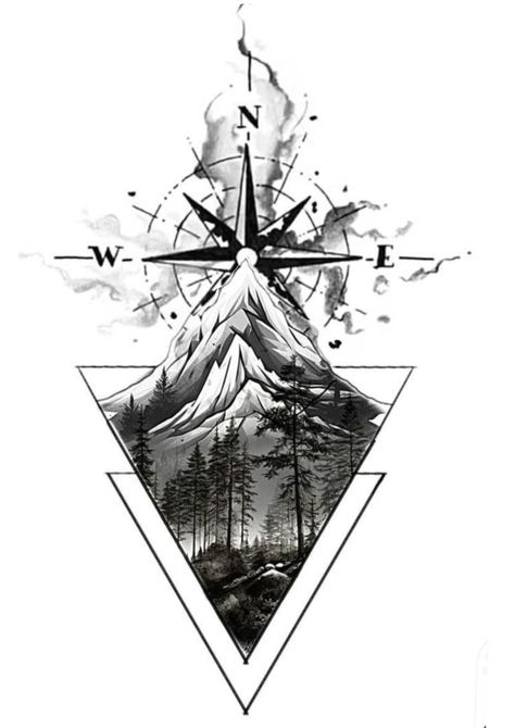 Geometric Mountain Tattoo Simple, Tattoo Mountain Geometric, Mountain And Compass Tattoo, Mountain Compass Tattoo, Compass Mountain Tattoo, Mountains Tattoo Design, Adventure Tattoo Ideas, Mountain Sleeve Tattoo, Compass Tattoo Ideas