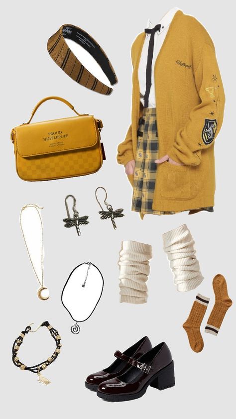 Hufflepuff outfit inspo Hufflepuff Aesthetic Outfits, Hufflepuff Inspired Outfits, Hufflepuff Clothes, Hufflepuff Fashion, Hufflepuff Outfit, Hogwarts Outfits, Harry Potter Costume, Harry Potter Outfits, Field Day