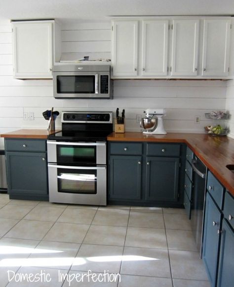 Kitchen Cabinets Dark Bottom Light Top, Butcher Blocks, Blue Kitchen Cabinets, Kitchen Cabinets Decor, Plank Walls, Classic Kitchen, Blue Kitchens, Kitchen Redo, Apartment Kitchen