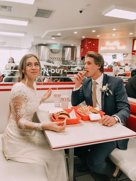 Wedding. In n out. Luncheon. Wedding dress. Wedding In N Out, In N Out Wedding, Grocery Store Wedding Photos, Mcdonalds Engagement Shoot, Fast Food Wedding Photos, Mcdonalds At Wedding, In N Out Photoshoot, In N Out Wedding Photos, Mcdonalds Wedding Late Night