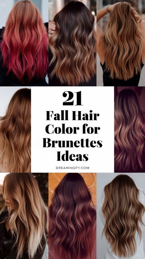 Embrace the autumn season with these 21 brunette fall hair color ideas! Perfect for adding depth and richness to your hair. Visit our website for more hair color inspiration. Fall Colors Hair Brunette, Brunette Balayage Hair For Fall, Brunette Fall Hair Color, Fall Long Hair, Fall Hair Colors For Brunettes, Balyage Long Hair, Brunette Fall Hair, Hair Color Inspiration, Fall Highlights