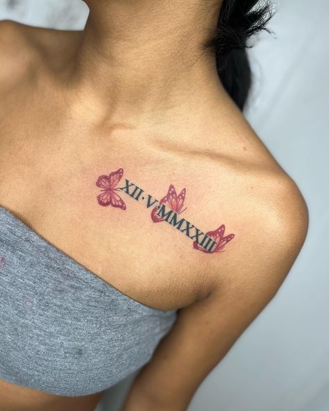 her daughters birthday in roman numerals + butterflies 😍 ••• ONLY A COUPLE SLOTS LEFT FOR JULY! GET THOSE DEPOSITS IN TO SAVE YOUR SPOT‼️ #ladysmokeink #butterflies #romannumerals #motherdaughter #redink #blackink #dynamiccolor #tripleblack #ambitiontattoo #love #family #tatinspo #tattoos #femaletattooartist #dmtobook #bookwithme #socute #foryoupage #explore Birth Year Tattoo Ideas Black Women, Rip Tattoos Roman Numerals, Neck Tattoos Women Roman Numerals, Daughter Birthday Tattoo, Tattoo Name Ideas Female, Butterfly Tattoo With Roman Numerals, Roman Numeral Tattoos Women, Birth Year Tattoo Ideas For Women, Butterfly Tattoo With Date