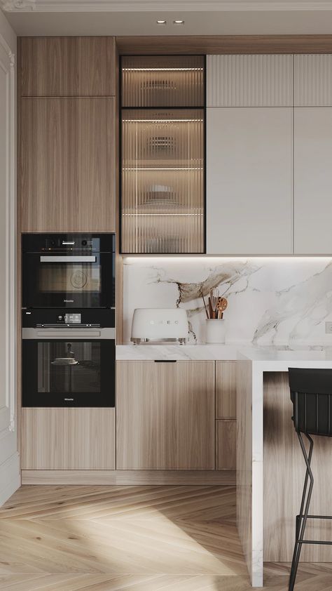 Contemporary Kitchens With Islands, Modern Kitchen 2024, Modern Minimal Kitchen Design, Condo Kitchen Design, Modern Apartment Kitchen, Kitchen Behance, Minimalism Kitchen, Sleek Modern Kitchen, Kitchen Open Concept