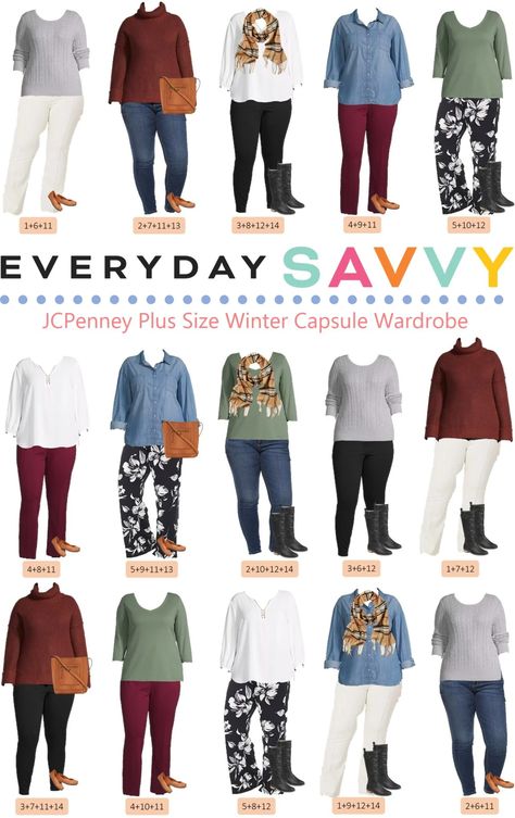 Plus Size Winter Outfits - JCPenney - Everyday Savvy Winter Plus Size Capsule Wardrobe, Plus Size Winter Outfits Cold Weather Casual, Plus Size Cold Weather Outfits Casual, Plus Size Winter Office Outfits, Plus Size Winter Capsule, Plus Size Work Outfits Fall 2024, Business Casual Outfits For Women Winter Plus Size Office Wear, Plus Size Wardrobe Winter 2022, Plus Size Winter Outfits Cold Weather