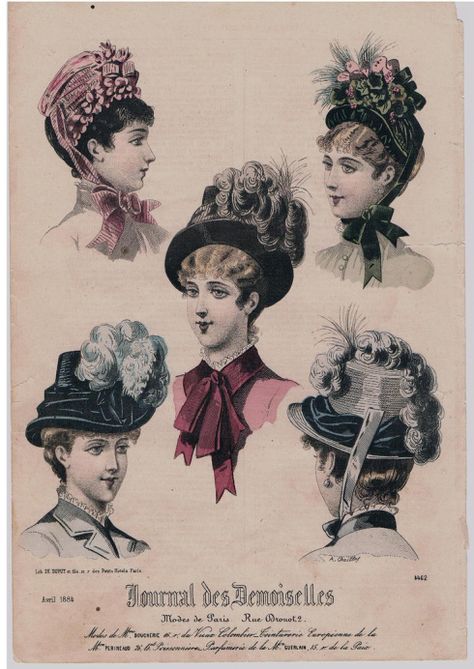 1884. Journal des Demoiselles, with five different images of women's hairstyles, hats and head coverings. This spring models are richly decorated with feathers, bows and other adornments, april 1884 1880s Hat, Western Womens Fashion, Edwardian Hat, Victorian Era Fashion, 1880s Fashion, Head Coverings, Victorian Hats, Hats Women, 19th Century Fashion