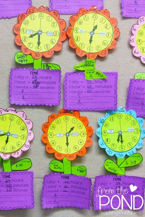 Combine a lesson on time {analog clock} with craft and creativity! This activity will provide you with template pieces to make a cute 'flower clock' to help students explore and understand the hour and minute hands. | #FromThePond #LearnToTellTime #TeachingTime #TeacherTips #WhatTimeIsIt #AnalogClock Telling Time Craft, Maths Craft Activities, Clock Crafts, Math Wall, Make A Clock, Learn To Tell Time, Clock Craft, Time Poster, Flower Clock