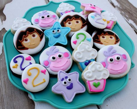 Dora the Explorer Sugar Cookies on Etsy, $24.00 Dora Cookies, Abby Cadabby Cookies, Dora Cupcakes, Dora The Explorer Cookies, Dora And Boots, Explorer Birthday Party, Dora Party, Dora Cake, Dora Birthday