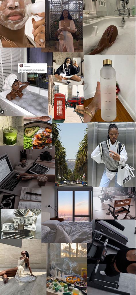 Aesthetic vision board for Black girl creatives That Girl Black Aesthetic, Work From Home Aesthetic Black Woman, Living By Yourself Aesthetic, Productive Black Woman, Wellness Aesthetic Black Woman, Clean Girl Lifestyle Black Women, Black Therapist Aesthetic, Vision Board Photos Black Women, It Girl Aesthetic Black Women