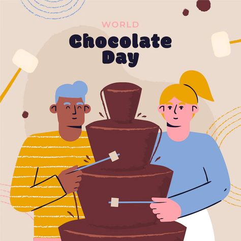 Chocolate Illustration Design, Chocolate Illustration, World Chocolate Day, Chocolate Fountain, Flat World, Day Illustration, Chocolate Day, Graphic Resources, Vector Images