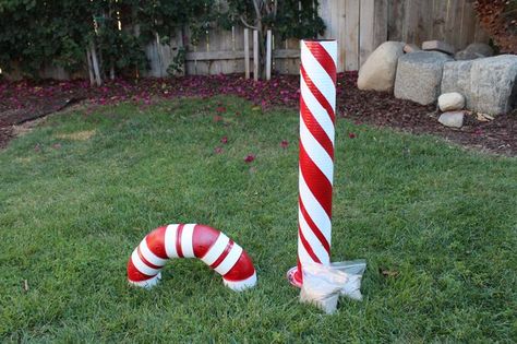 This article shows how to make a lighted PVC candy cane decoration to use during the cheery holiday season. Giant Candy Cane, Christmas Candy Cane Decorations, Candy Cane Decorations, Giant Candy, Gingerbread Decorations, Christmas Yard Decorations, Christmas Float Ideas, Candy Decorations, Sandwich Bags