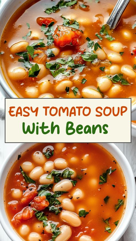 Indulge in the ultimate comfort food with this hearty tomato soup with beans recipe. Packed with flavor and nutrition, this easy-to-make soup is perfect for cozy nights in or to warm you up on a chilly day. The combination of sweet tomatoes and creamy beans creates a luscious texture that will have your tastebuds dancing. Whether you're a fan of classic comfort food or looking to try something new, this tomato soup with beans is sure to become a staple in your recipe rotation. Tomato Soup Made With Canned Tomatoes, Tomatoes Recipes Soup, Tomato Bean Soup Recipes, Tomato Soup Recipe With Canned Tomatoes, Tomato Soup Add Ins, Uses For Tomato Soup, Recipes Using Tomato Bouillon, Tomato Soup Made With Tomato Juice, Tomato Based Vegetable Soup Recipes